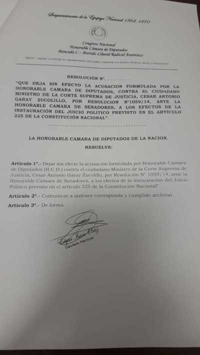Diputado liberal solicita retirar juicio político a Ministro Garay Zucolillo