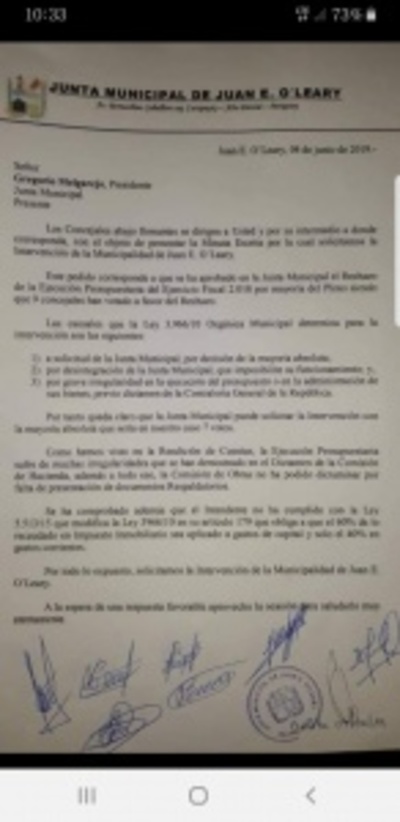 Junta Municipal de Juan E. Oleary aprueba intervención de comuna