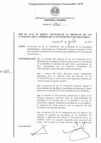 Ejecutivo veta proyecto de pérdida de investidura de parlamentarios