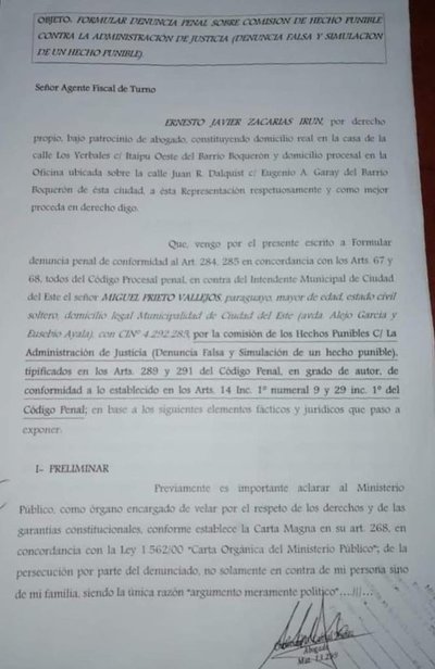 Zacarías Irún acciona contra el intendente Prieto por denuncia falsa