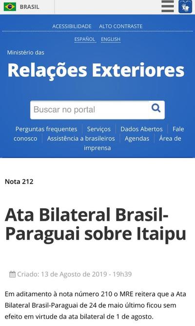 Brasil reitera que Acta Bilateral del 24 de mayo quedó sin efecto
