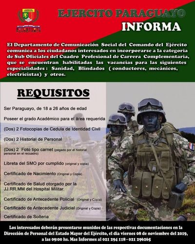 Ejercito paraguayo informa que tiene varios puestos vacantes