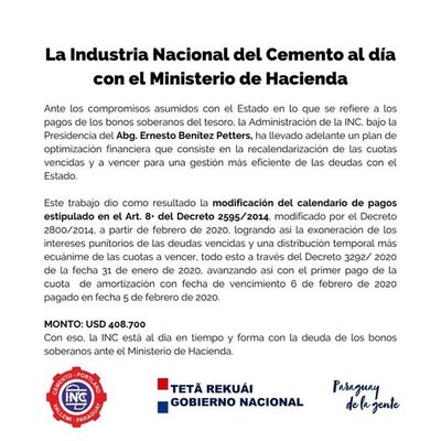Industria Nacional del Cemento está al día con el pago de bonos soberanos al Ministerio de Hacienda