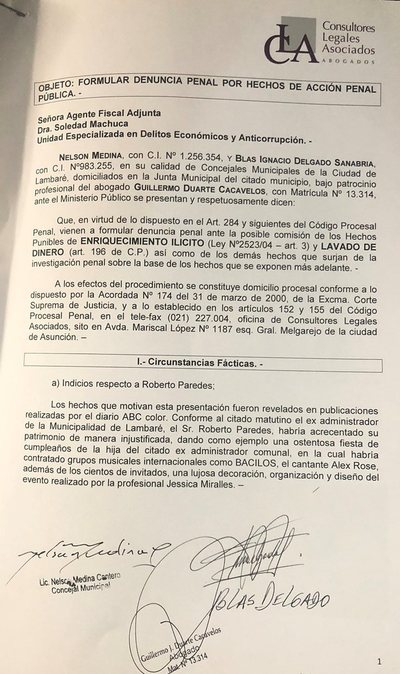 Lambaré: denuncian a intendente, exadministrador y tesorero por enriquecimiento ilícito y lavado de dinero