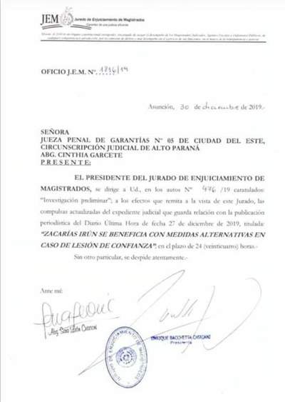 JEM investiga a magistrada que benefició al senador Zacarías con medida alternativa